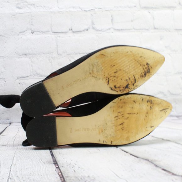 Saks Fifth Ave Black Suede Pointed Toe Flats Back Tie Flat Shoes 7.5 M - Picture 9 of 9